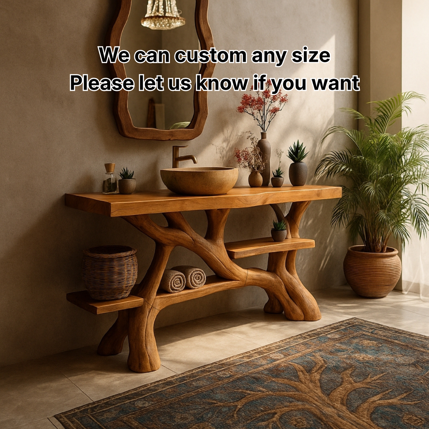 Organic Modern Solid Wood Bathroom Vanity with Hand-Sculpted Tree-Branch Base