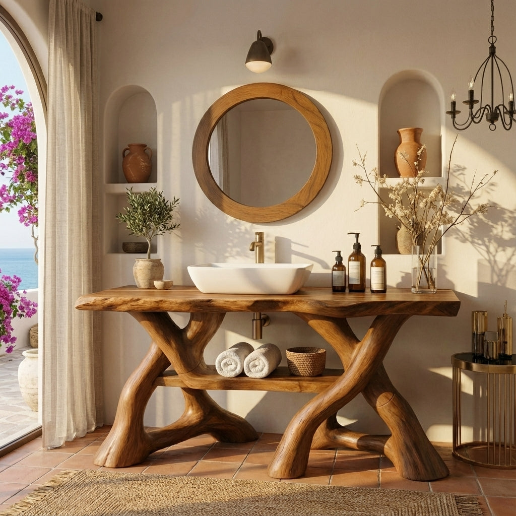 Handcrafted Solid Wood Bathroom Vanity with Sculptural Interwoven Base