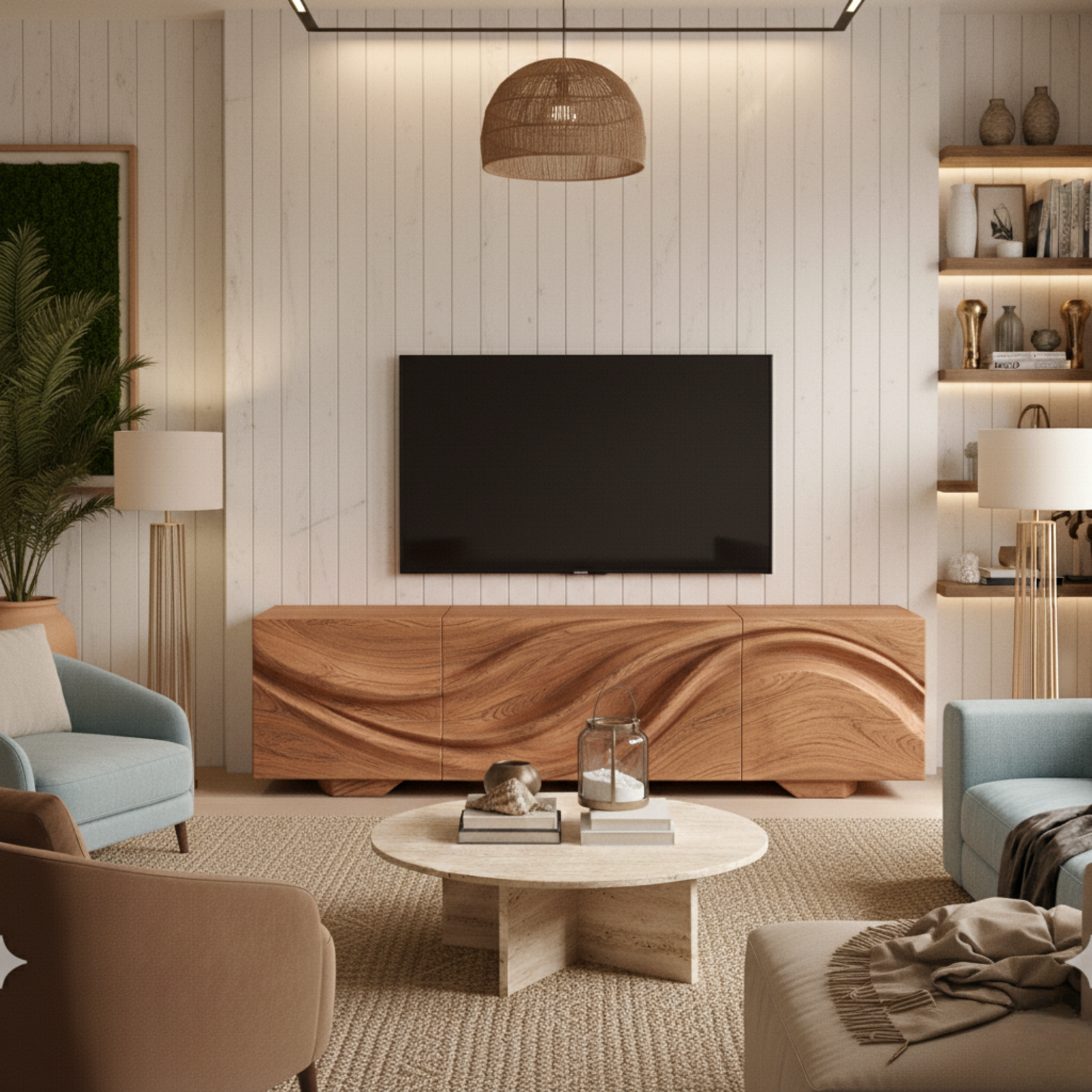 Wave-Pattern Solid Wood TV Console – Sculptural Media Cabinet