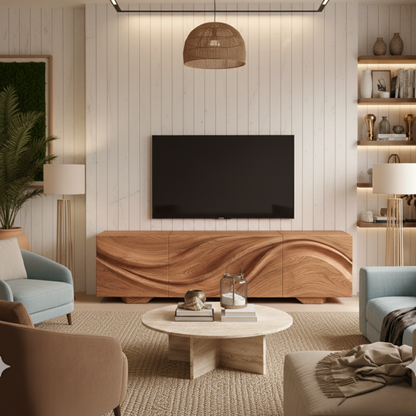 Wave-Pattern Solid Wood TV Console – Sculptural Media Cabinet