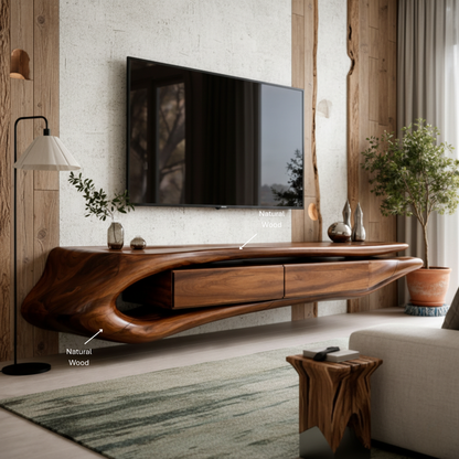 Floating Sculptural Solid Wood TV Console – Luxury Wall-Mounted Media Cabinet
