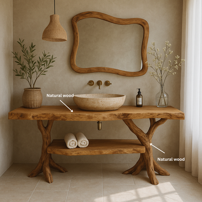 Organic Live-Edge Solid Wood Bathroom Vanity with Sculptural Tree Trunk