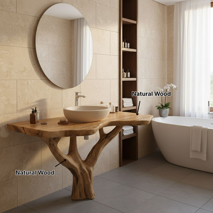 Organic Modern Solid Wood Bathroom Vanity with Live-Edge Top and Sculpted Tree-Trunk Base