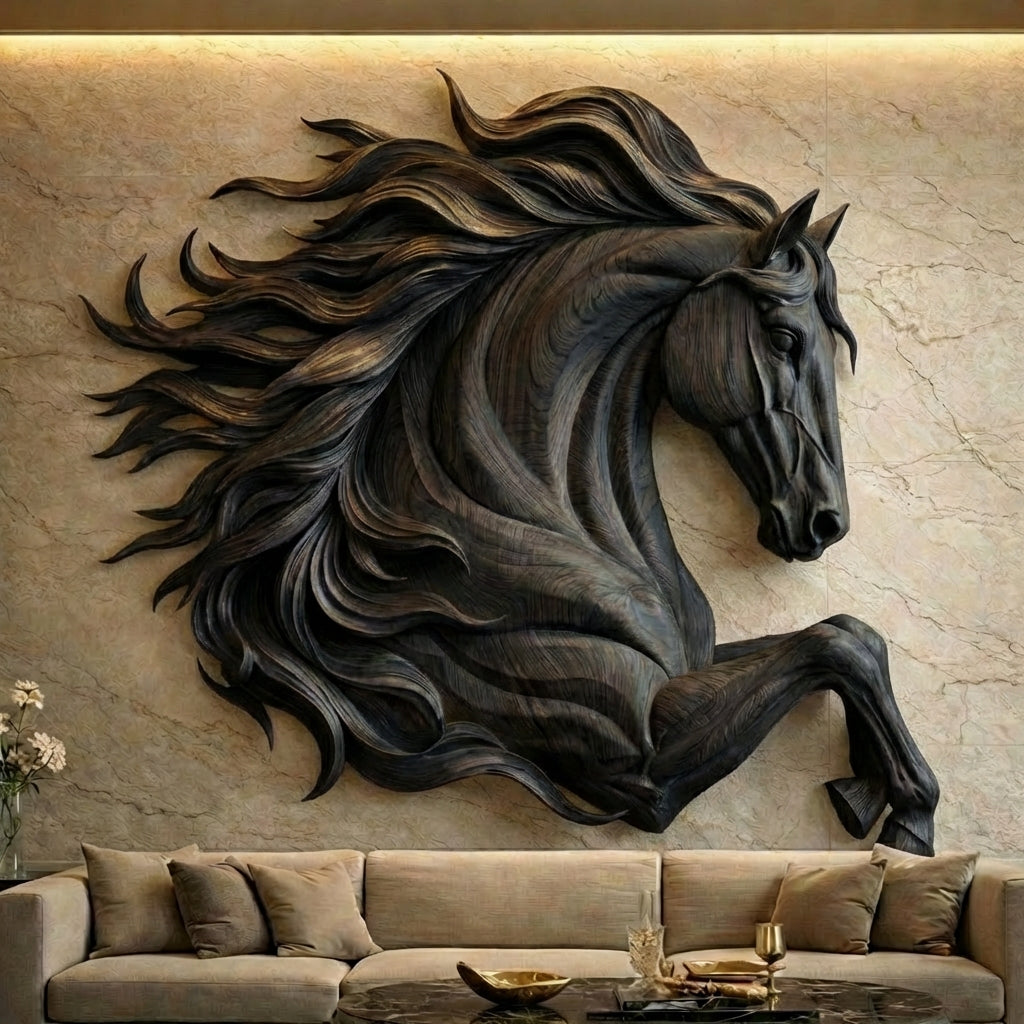 Sculptural Horse Wall Art – Hand-Carved Luxury Wood Relief for Grand Living Rooms