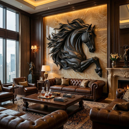 Sculptural Horse Wall Art – Hand-Carved Luxury Wood Relief for Grand Living Rooms