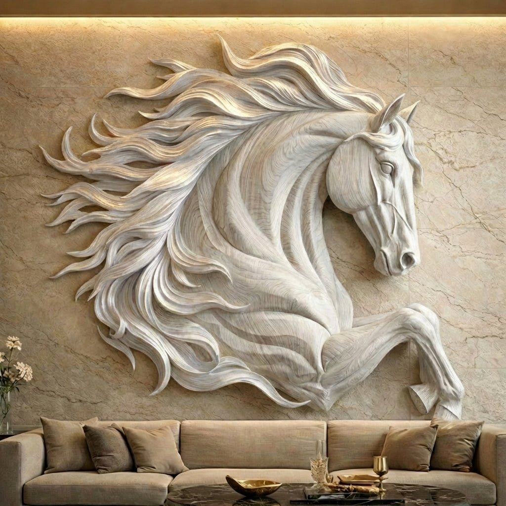 Sculptural Horse Wall Art – Hand-Carved Luxury Wood Relief for Grand Living Rooms