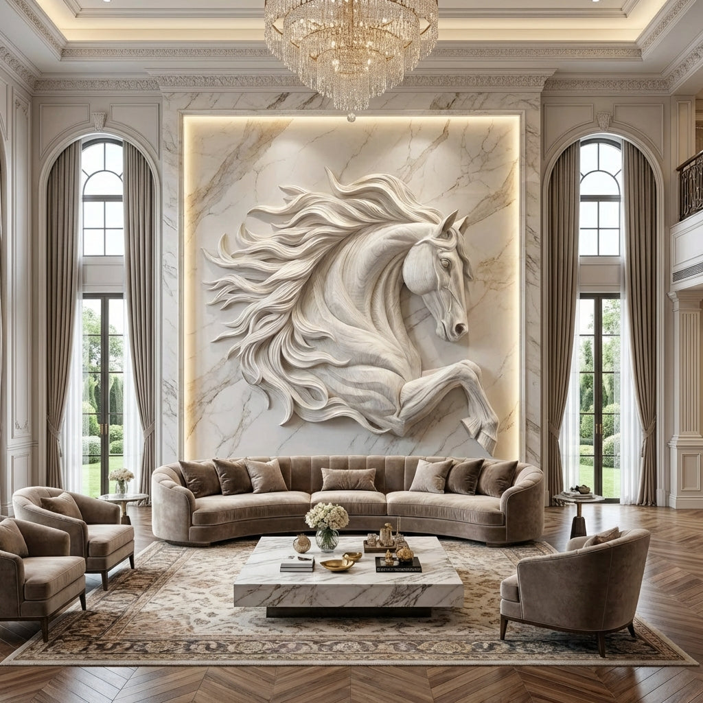 Sculptural Horse Wall Art – Hand-Carved Luxury Wood Relief for Grand Living Rooms