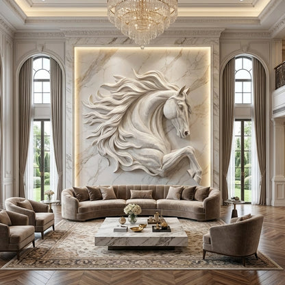 Sculptural Horse Wall Art – Hand-Carved Luxury Wood Relief for Grand Living Rooms