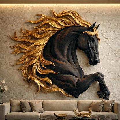 Sculptural Horse Wall Art – Hand-Carved Luxury Wood Relief for Grand Living Rooms