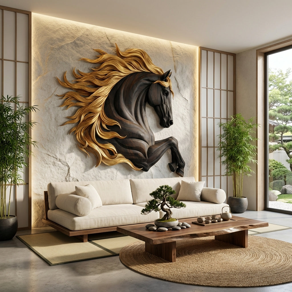 Sculptural Horse Wall Art – Hand-Carved Luxury Wood Relief for Grand Living Rooms