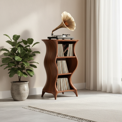 Organic Modern Record Player Cabinet – Sculpted Solid Wood Turntable Stand