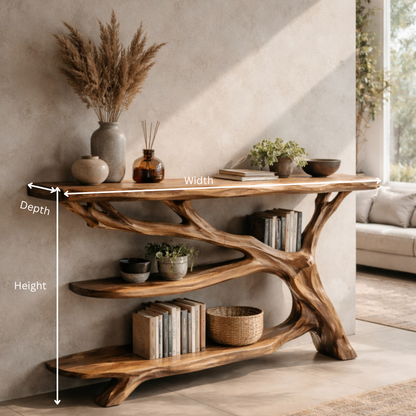 Sculptural Live Edge Wood Console Table with Organic Tree Base – Modern Rustic Design