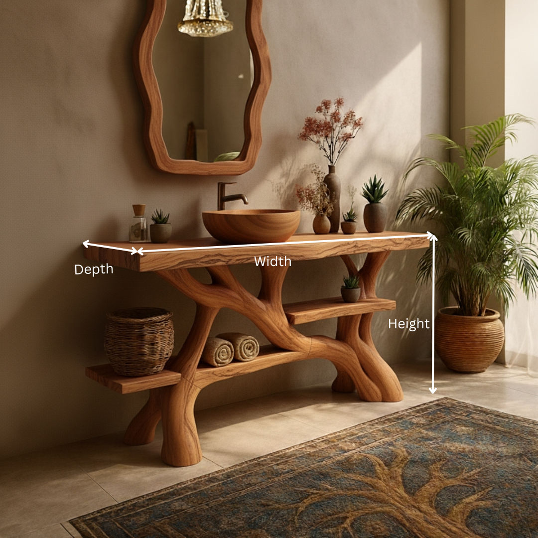 Organic Modern Solid Wood Bathroom Vanity with Hand-Sculpted Tree-Branch Base