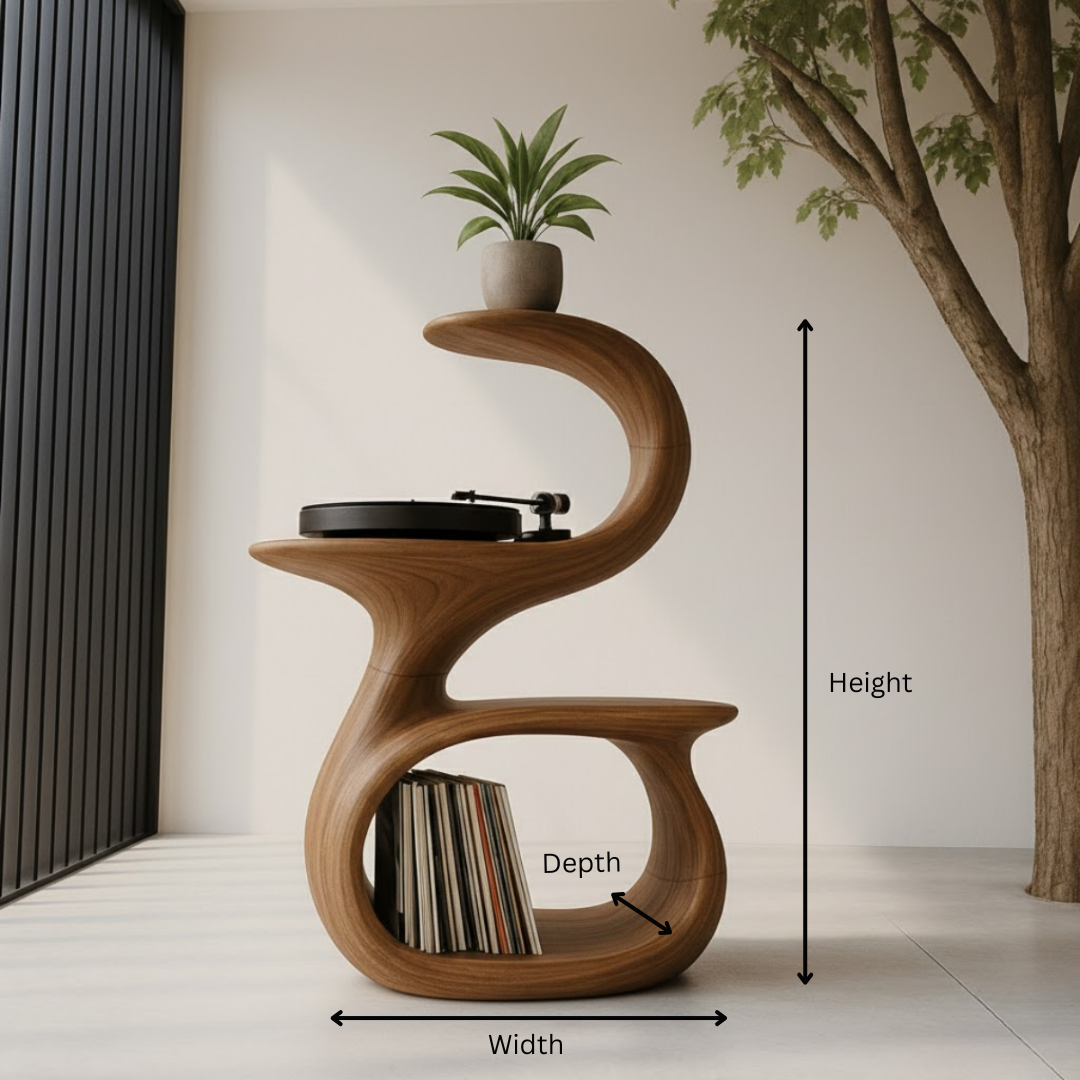 S-Curve Sculpted Solid Wood Turntable Cabinet with Integrated Vinyl Storage