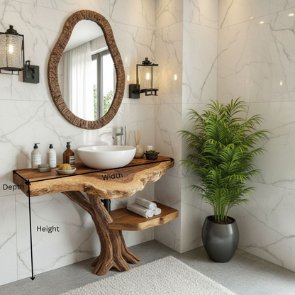Organic Modern Solid Wood Bathroom Vanity with Live-Edge Countertop and Sculpted Tree-Trunk Base