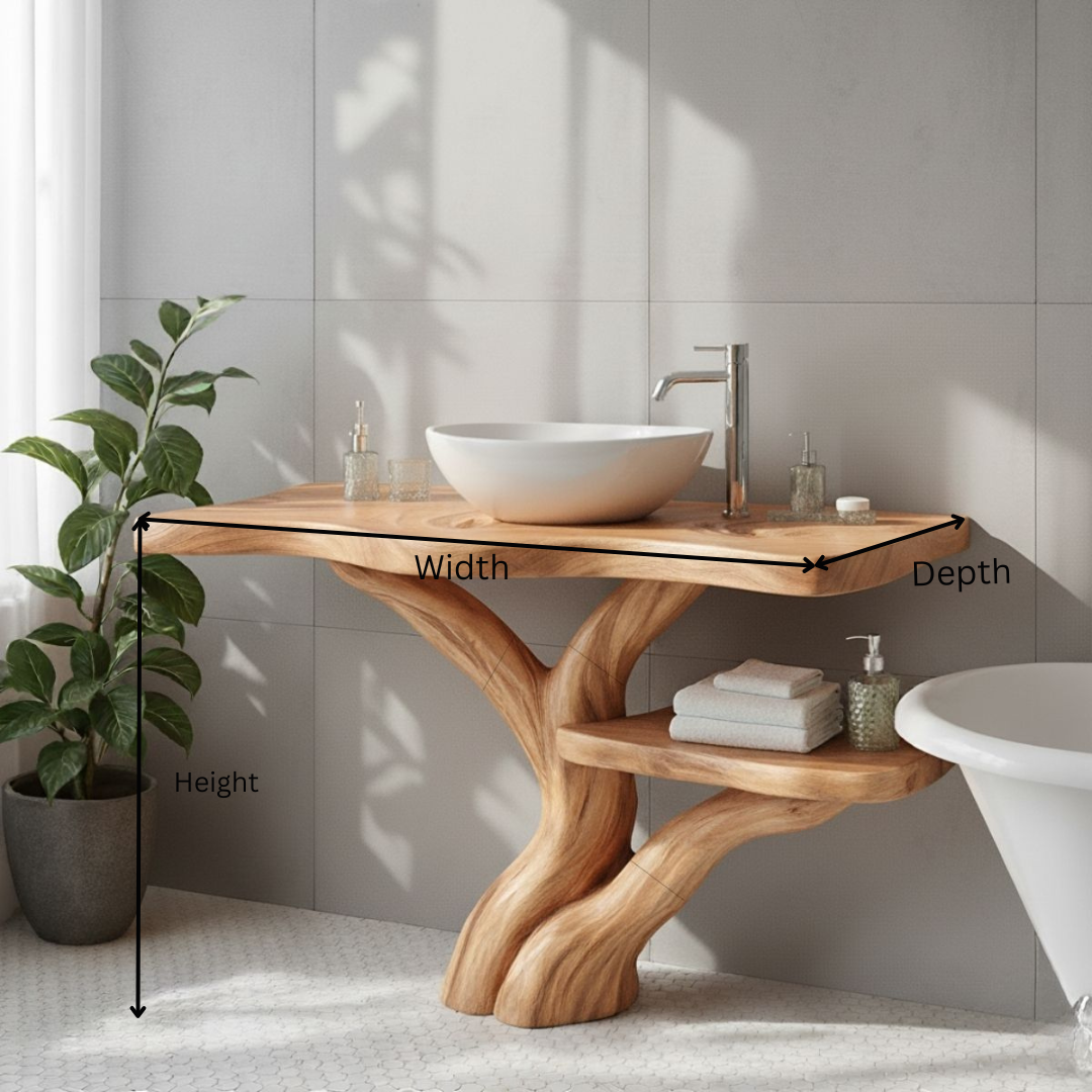 Organic Modern Solid Wood Bathroom Vanity with Tree-Trunk Sculpted Base and Live-Edge Shelf