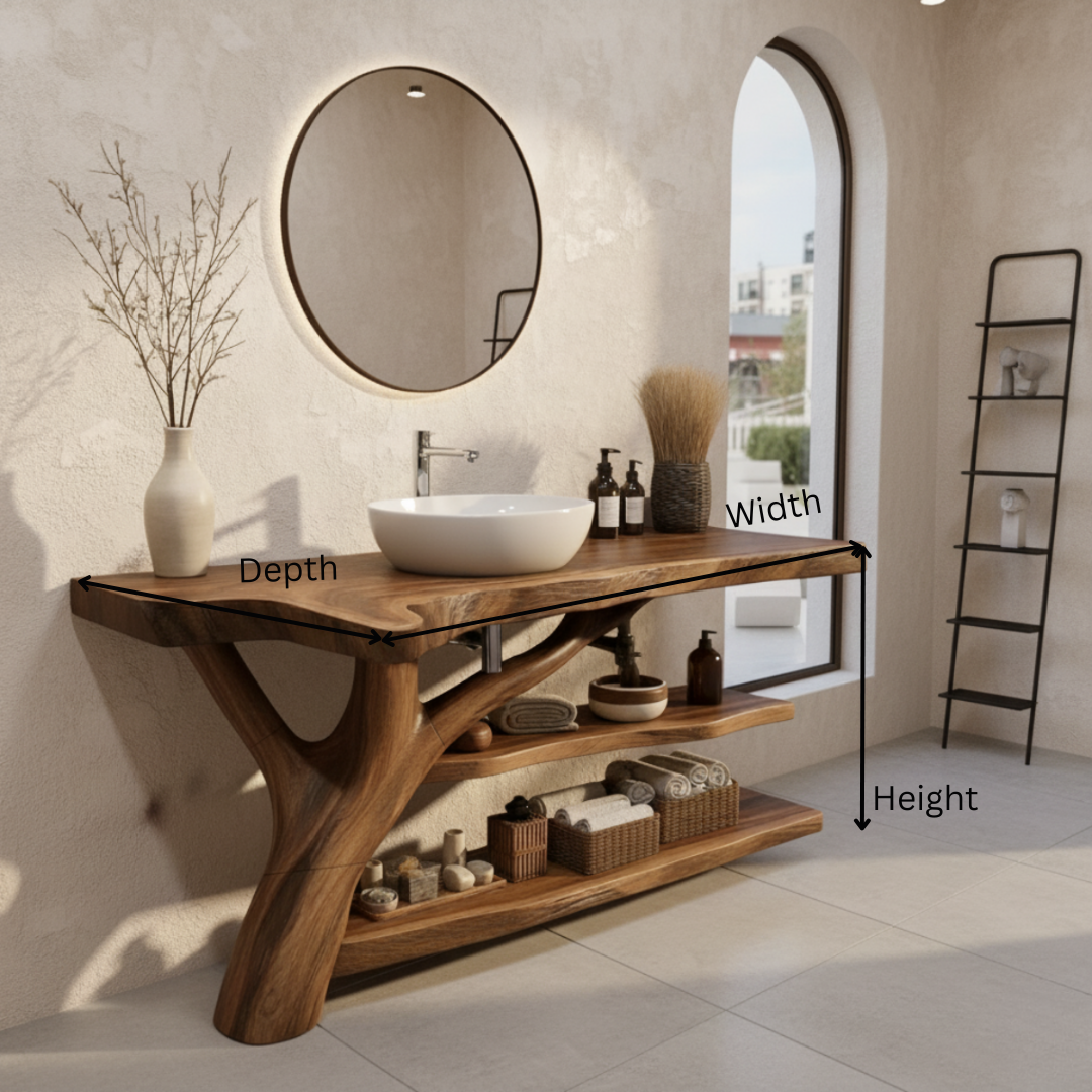 Organic Modern Solid Wood Bathroom Vanity with Tree-Trunk Base and Multi-Level Shelving