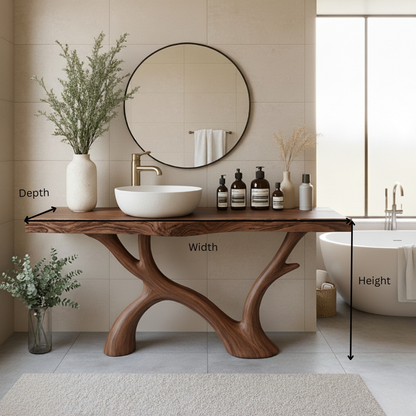 Organic Modern Solid Wood Bathroom Vanity with Sculpted Branch-Form Base
