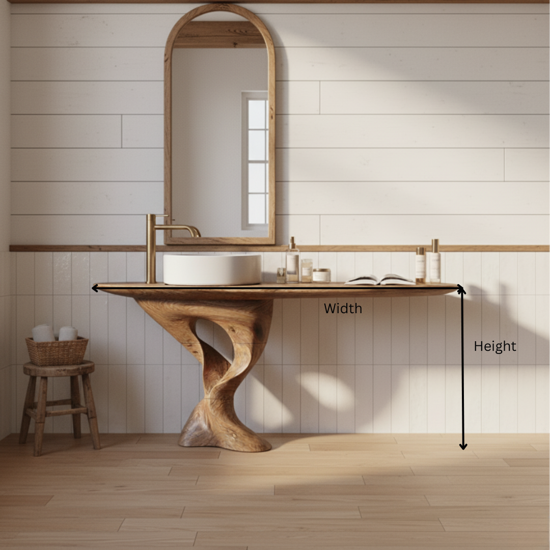 Organic Modern Solid Wood Bathroom Vanity with Sculpted Tree-Trunk Pedestal and Curved Live-Edge Top