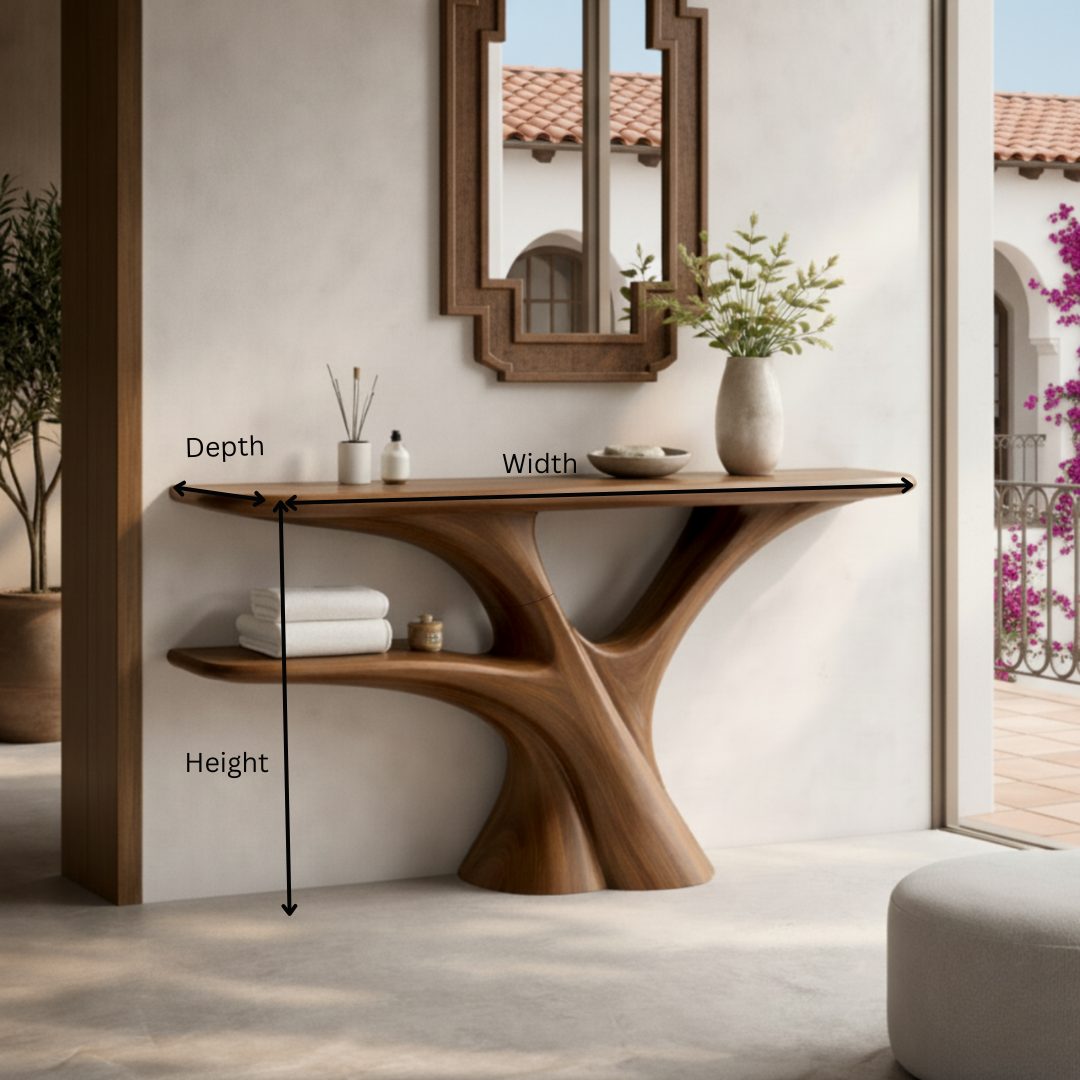 Handmade Live Edge Wood Console Table – Rustic Sculpture Table with Tree Base