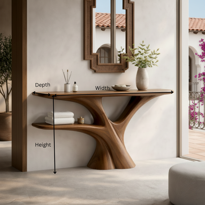 Handmade Live Edge Wood Console Table – Rustic Sculpture Table with Tree Base