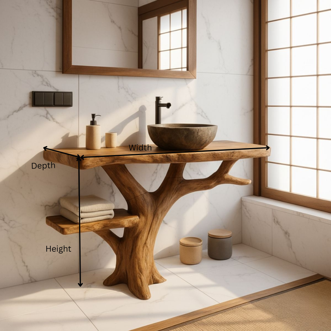 Nature-Inspired Branching Wood Bathroom Vanity with Integrated Shelf