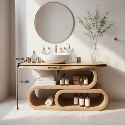 Organic Modern Solid Wood Bathroom Vanity with Sculpted Loop Shelving