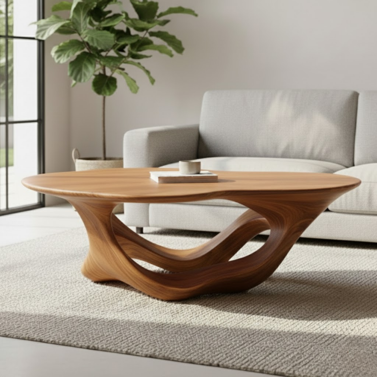 Organic Modern Solid Wood Coffee Table with Sculpted Triple-Flow Base