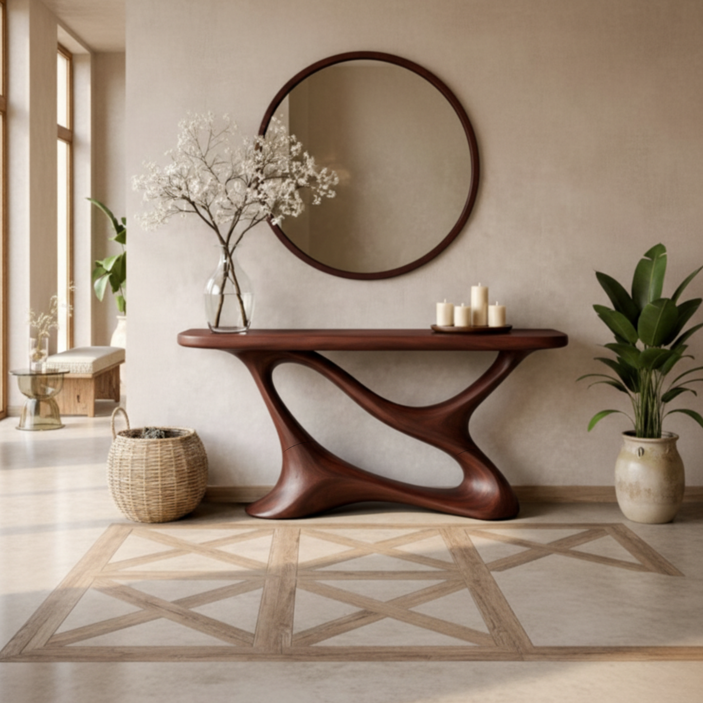 Organic Modern Solid Wood Console Table – Sculpted Curved Luxury Design