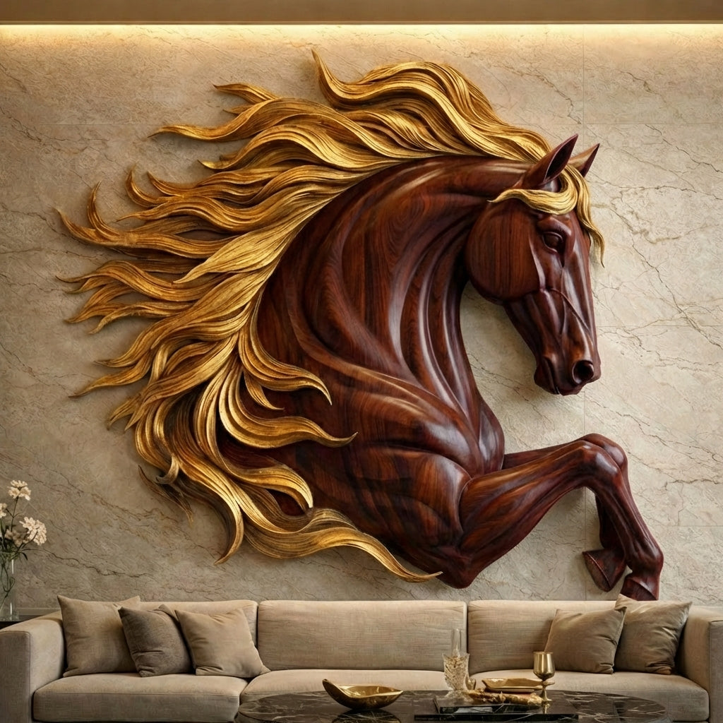 Sculptural Horse Wall Art – Hand-Carved Luxury Wood Relief for Grand Living Rooms