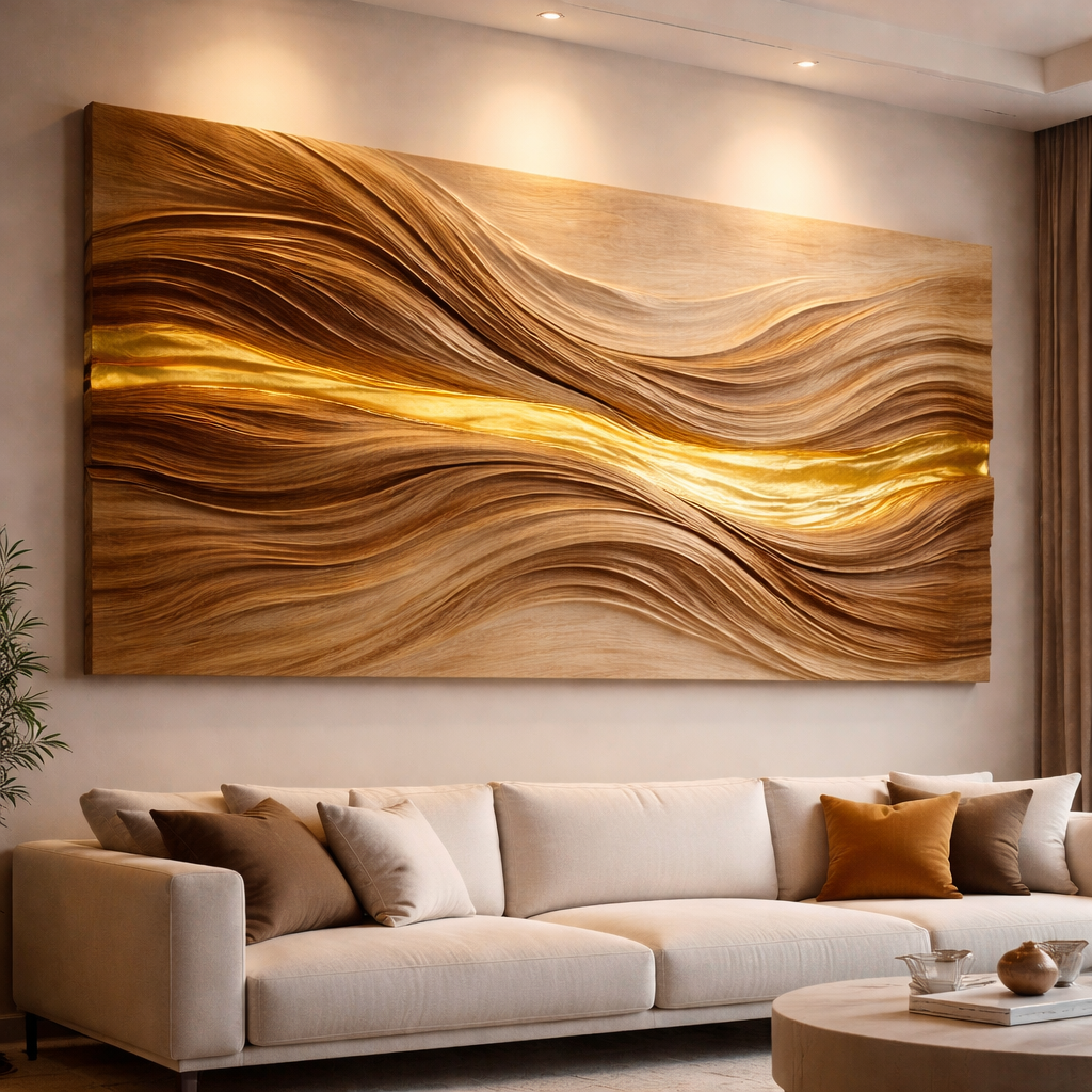 Luxury Sculptural Wooden Wall Art with Gold Inlay – Handcrafted 3D Wall Sculpture