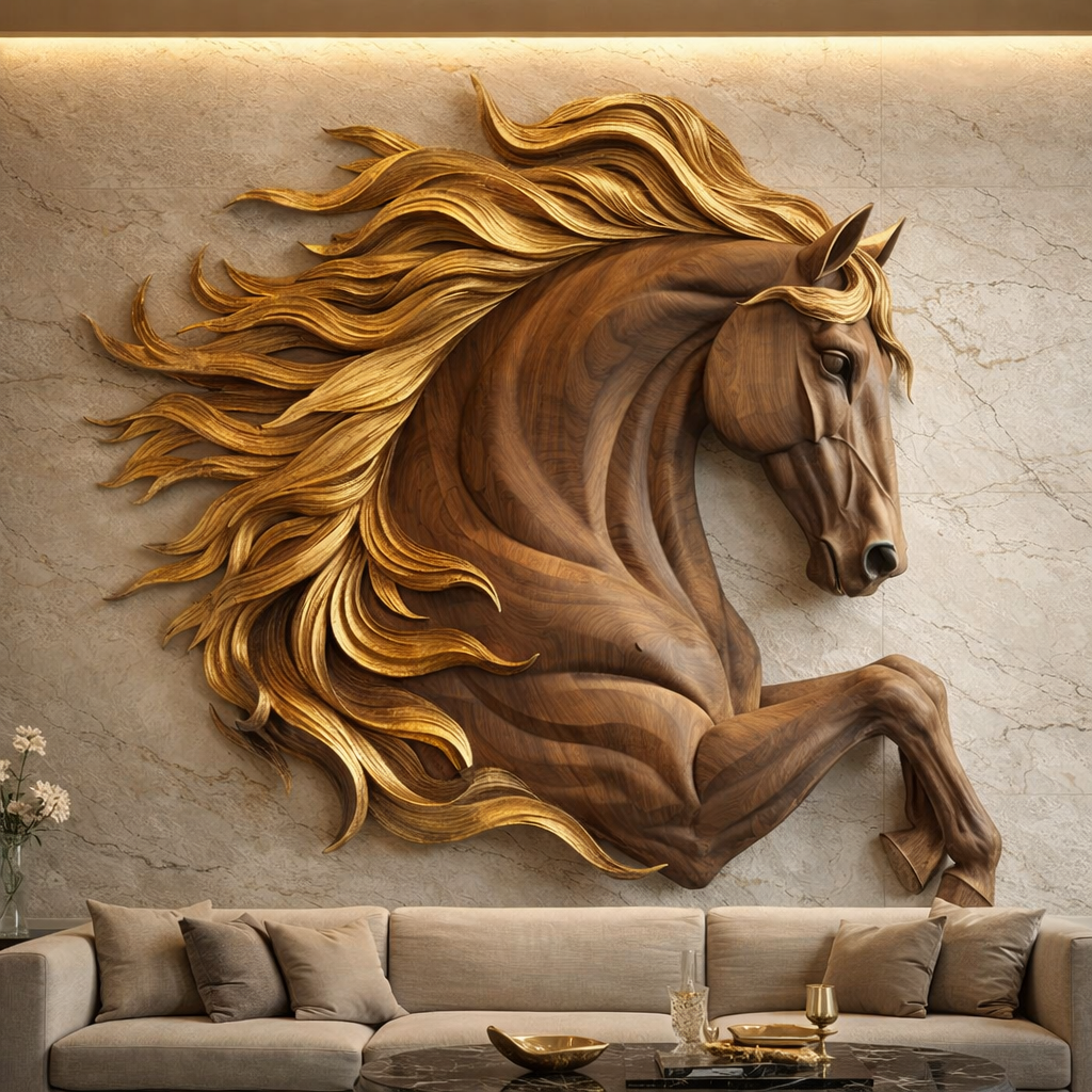 Sculptural Horse Wall Art – Hand-Carved Luxury Wood Relief for Grand Living Rooms