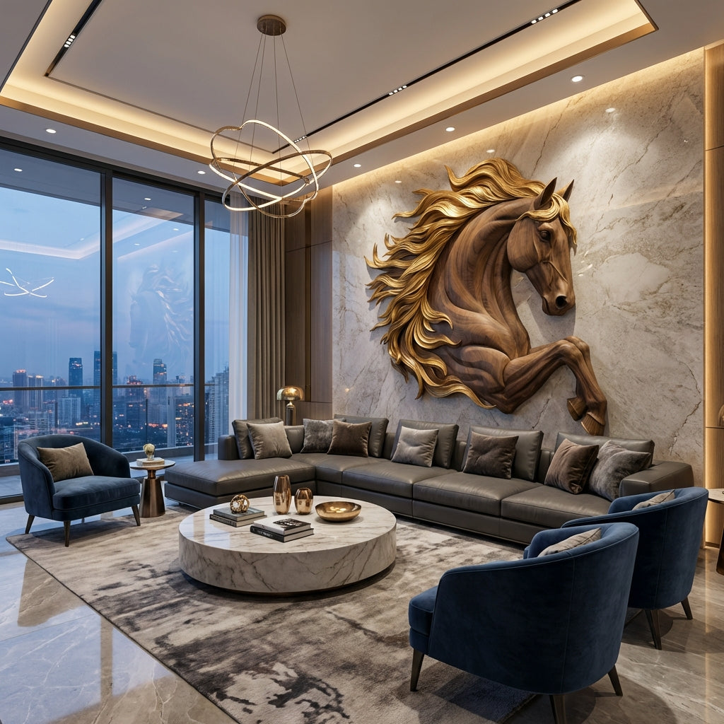 Sculptural Horse Wall Art – Hand-Carved Luxury Wood Relief for Grand Living Rooms