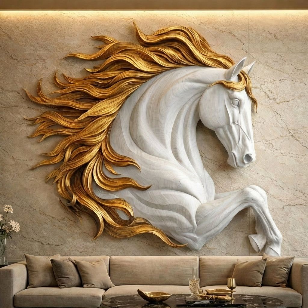 Sculptural Horse Wall Art – Hand-Carved Luxury Wood Relief for Grand Living Rooms