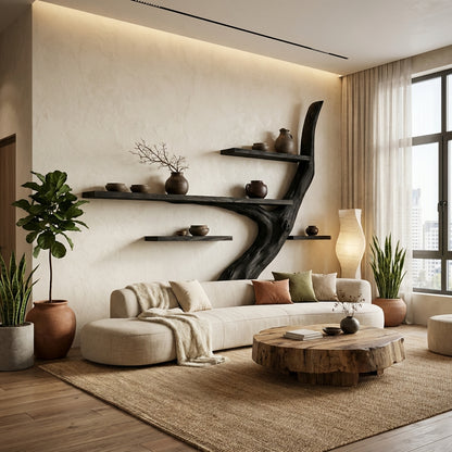 Japandi Tree Trunk Wall Shelves – Handcrafted Luxury Wood Art