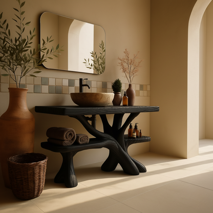 Rustic Luxury Wood Bathroom Vanity with Tree-Root Design