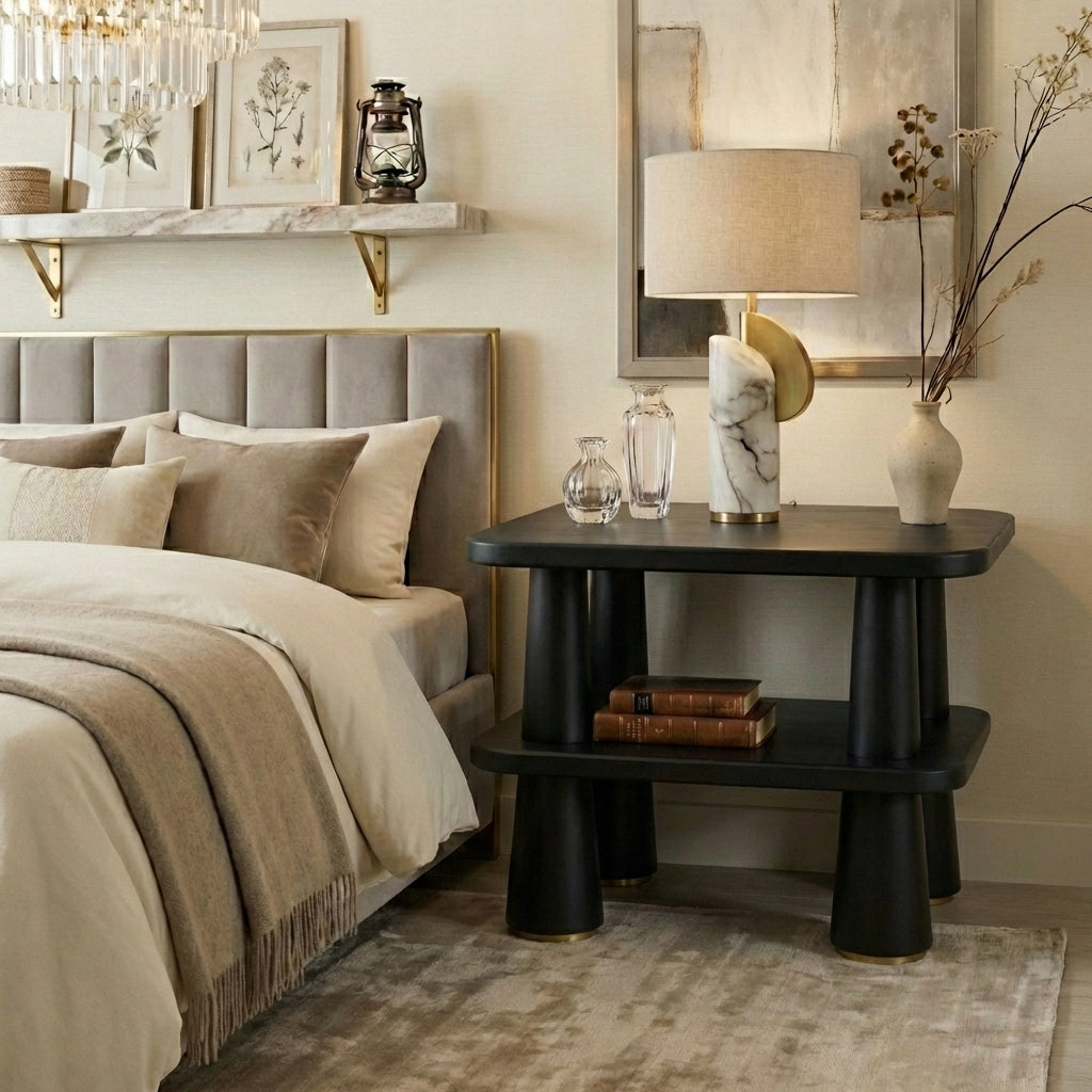 Handcrafted Solid Wood Side Table - Luxurious Bedside Table With Sculpted Trapezoid Design