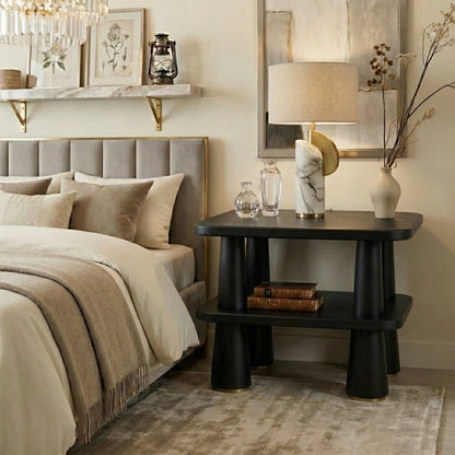 Handcrafted Solid Wood Side Table - Luxurious Bedside Table With Sculpted Trapezoid Design