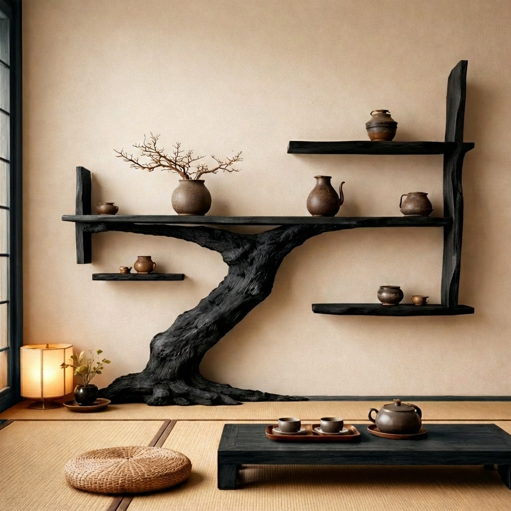 Japandi Sculptural Tree Trunk Shelves for Luxury Interiors