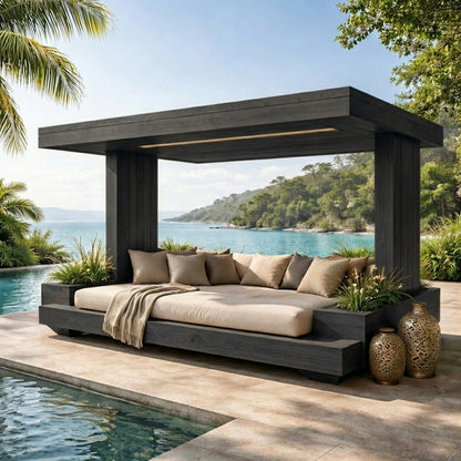Sculptural Outdoor Wooden Daybed with Flowing Canopy