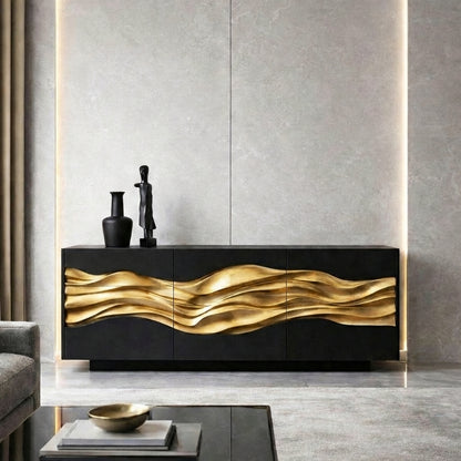 Architectural Sculptural Sideboard | Cabinet with Hand-Carved Gold-Plated Wave
