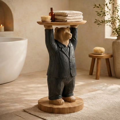 Hand-Carved Bear Butler Bathroom Side Table