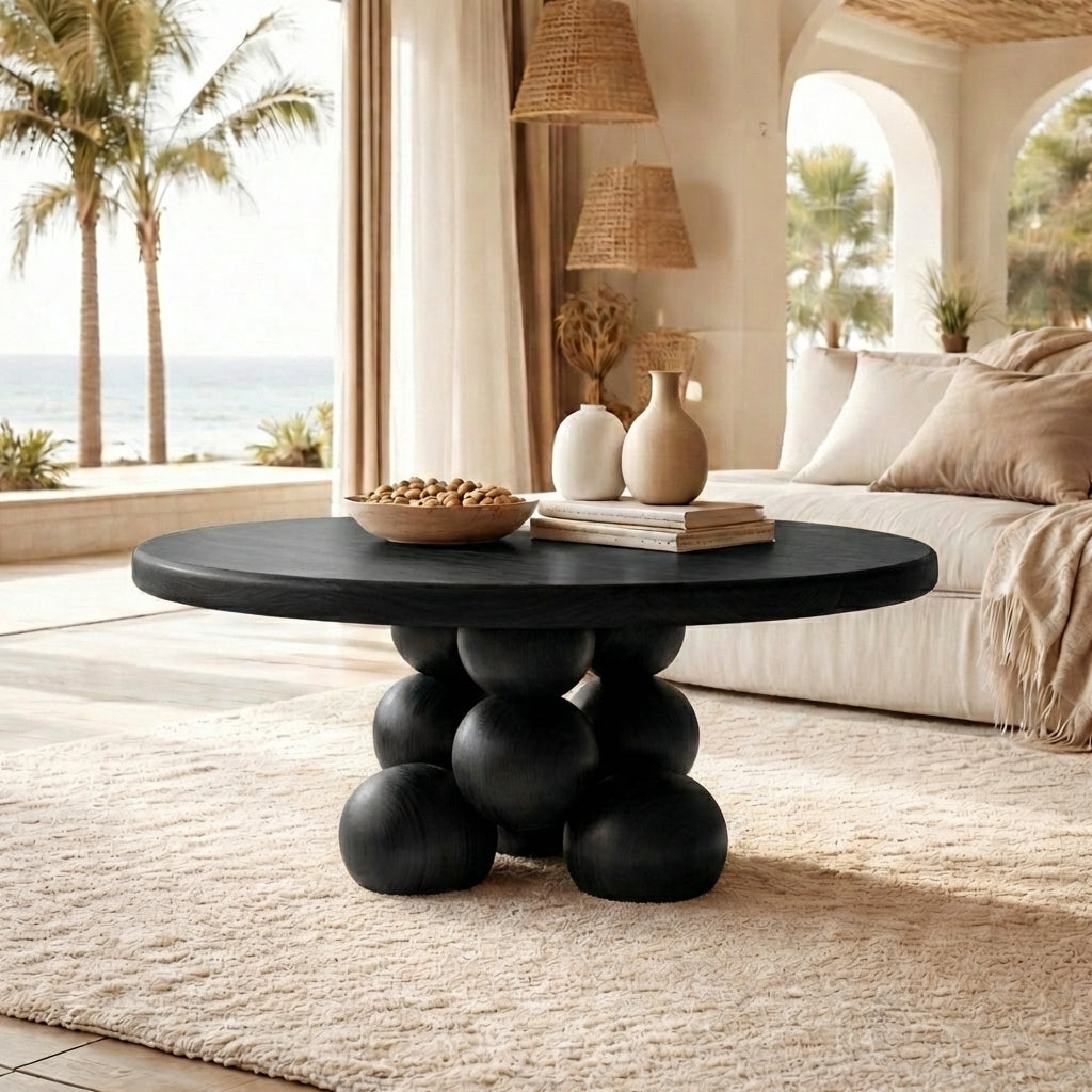 Nine Prosperity Sculptural Coffee Table – Solid Wood Sphere Base, Luxury Gallery Living Room Centerpiece