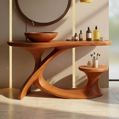 Organic Modern Solid Wood Bathroom Vanity with Sculpted Cross-Flow Base and Integrated Side Console