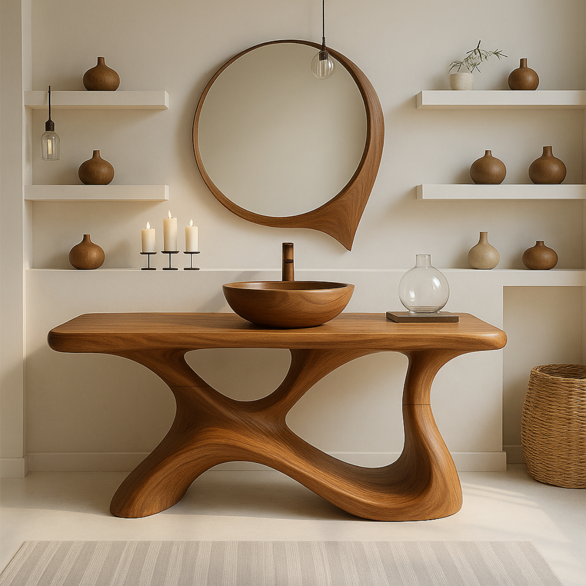 Organic Modern Solid Wood Bathroom Vanity with Sculpted Fluid-Form Base