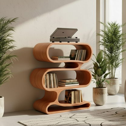 Organic Loop-Form Solid Wood Turntable Cabinet with Layered Vinyl Storage