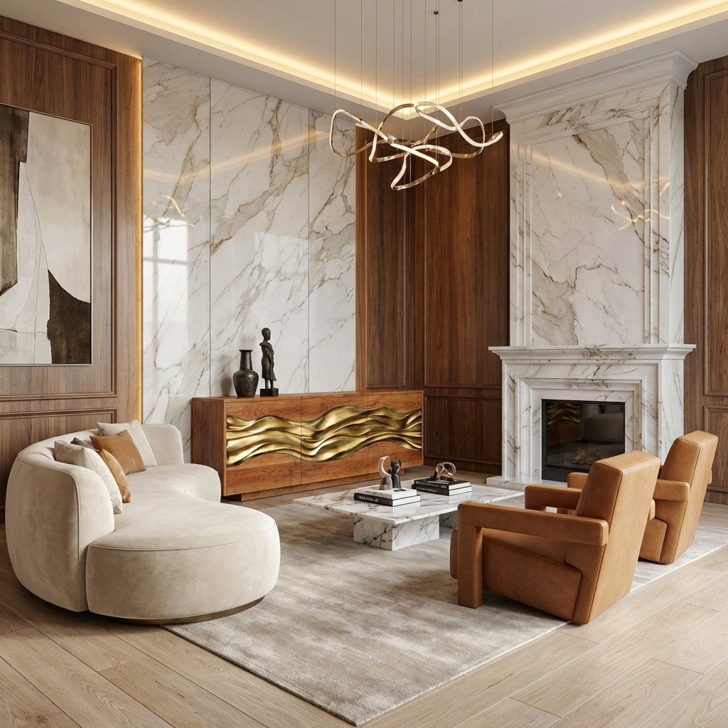 Architectural Sculptural Sideboard | Cabinet with Hand-Carved Gold-Plated Wave
