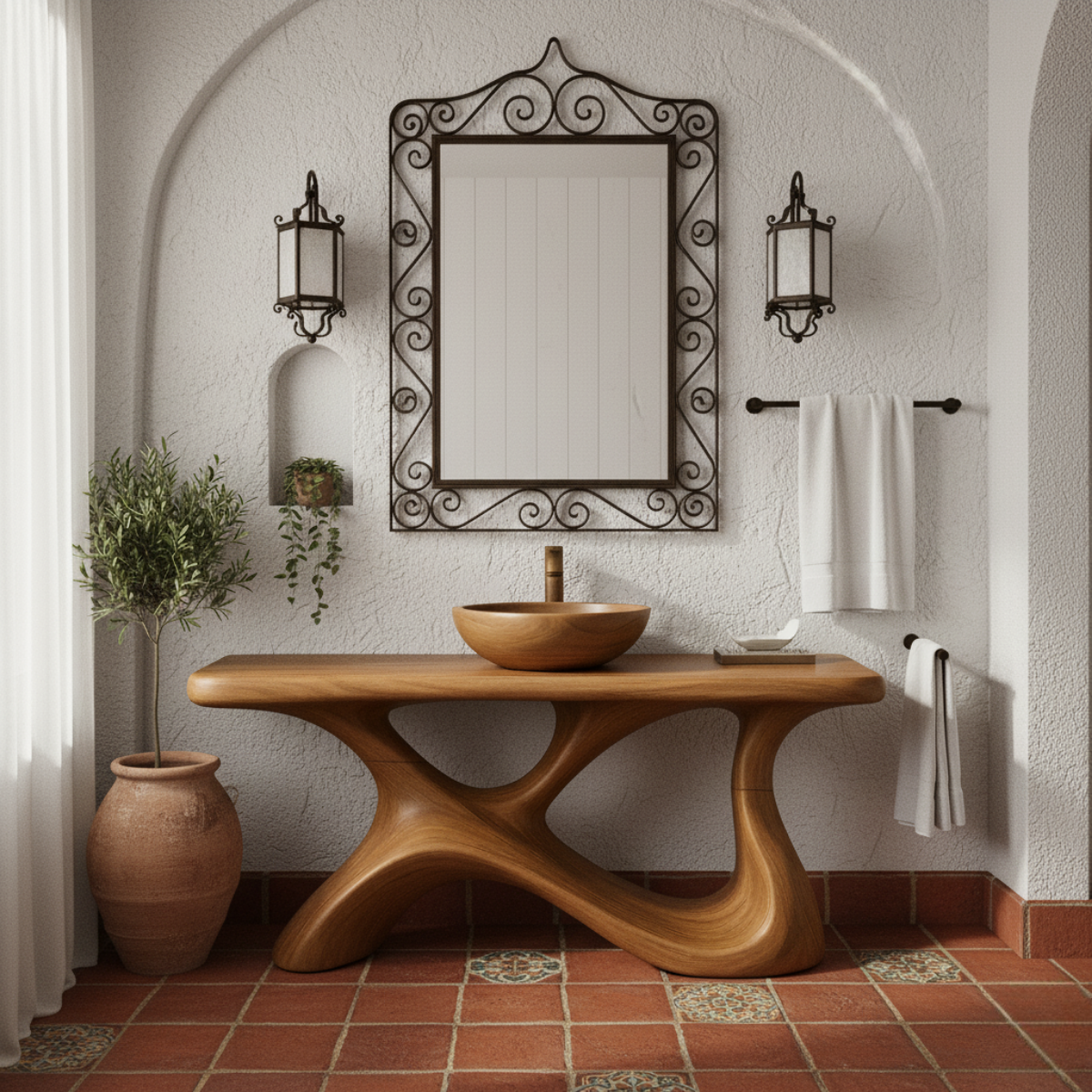 Organic Modern Solid Wood Bathroom Vanity with Sculpted Fluid-Form Base