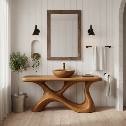 Organic Modern Solid Wood Bathroom Vanity with Sculpted Fluid-Form Base