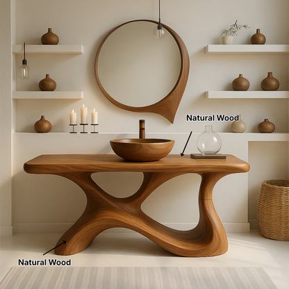 Organic Modern Solid Wood Bathroom Vanity with Sculpted Fluid-Form Base